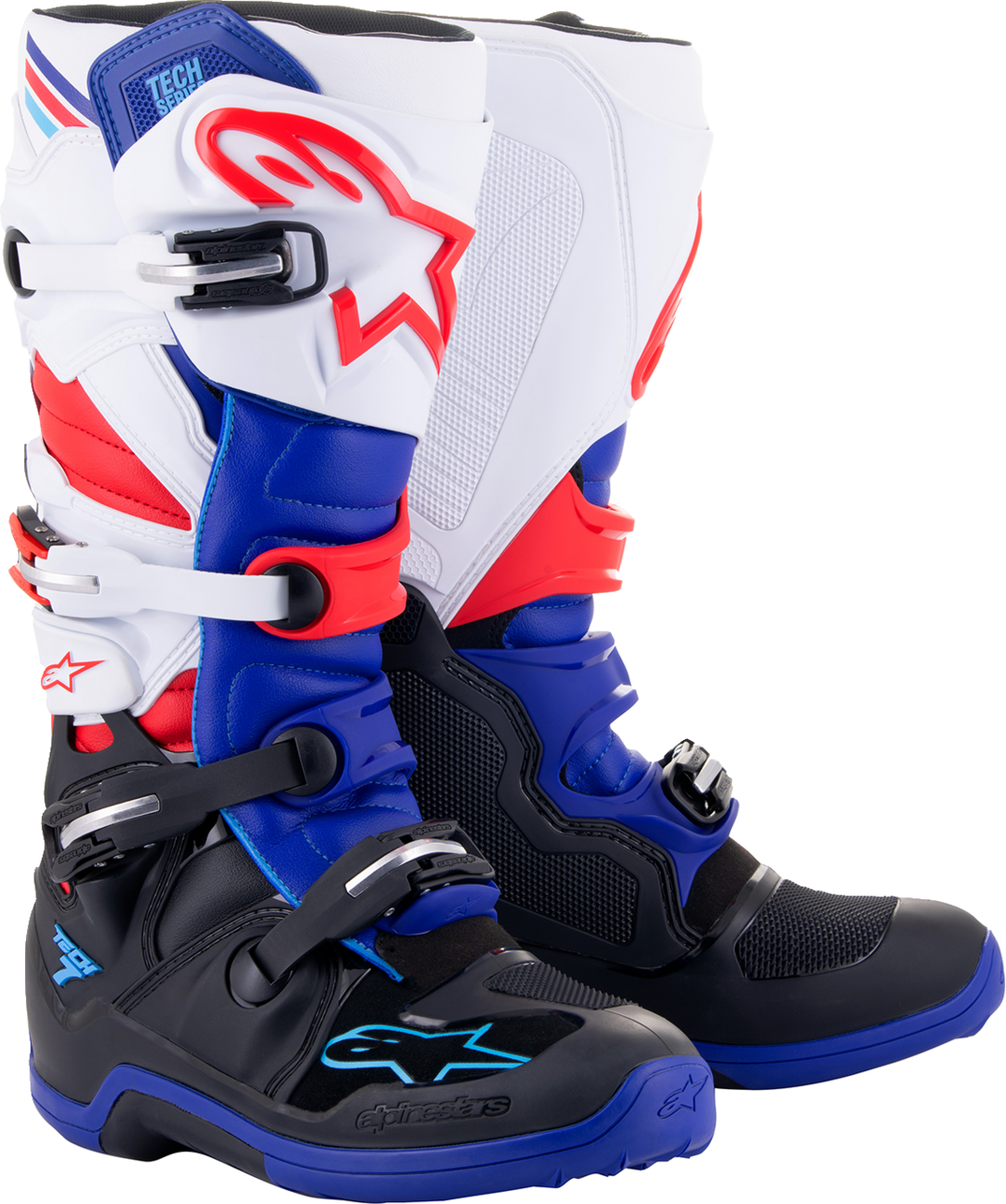 Alpinestars Tech 7 motocross boots in black, blue, red, and white with adjustable straps and protective features.