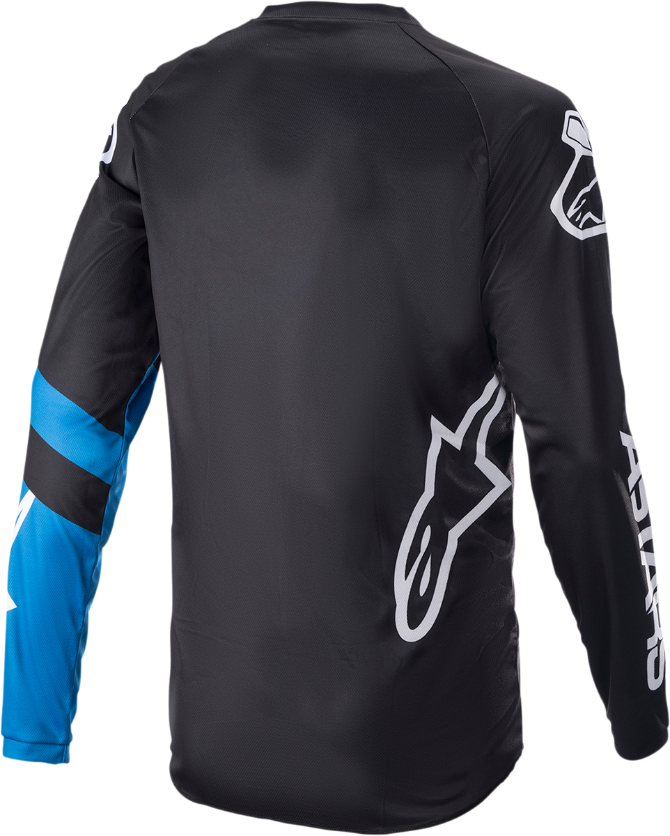Alpinestars Racer V3 long-sleeve motorcycle jersey in black and bright blue, size XL, featuring breathable fabric and racing design.