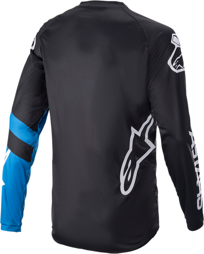 Alpinestars Racer V3 long-sleeve motorcycle jersey in black and bright blue, size XL, featuring breathable fabric and racing design.