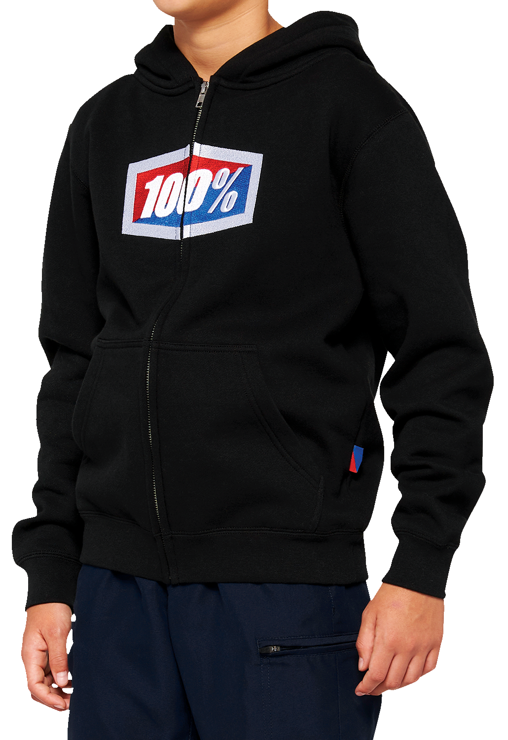 Black 100% Youth Official Zip Hoodie by Bill's Exhausts, small size, front zipper, hoodie with drawstrings, casual fit.