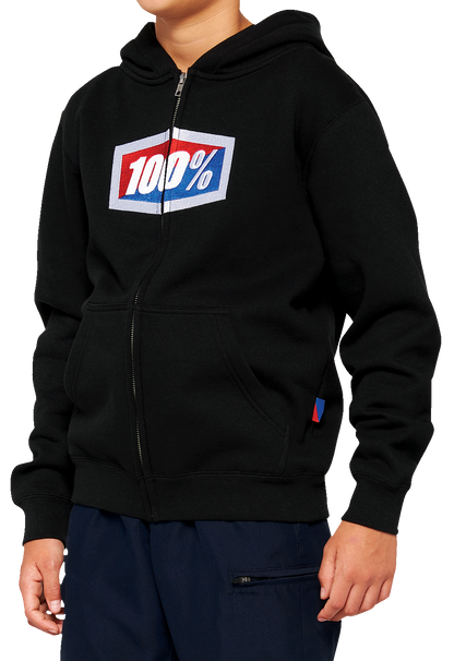 Black 100% Youth Official Zip Hoodie by Bill's Exhausts, small size, front zipper, hoodie with drawstrings, casual fit.