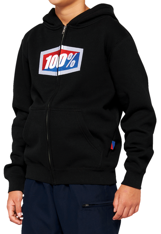 Black 100% Youth Official Zip Hoodie by Bill's Exhausts, small size, front zipper, hoodie with drawstrings, casual fit.
