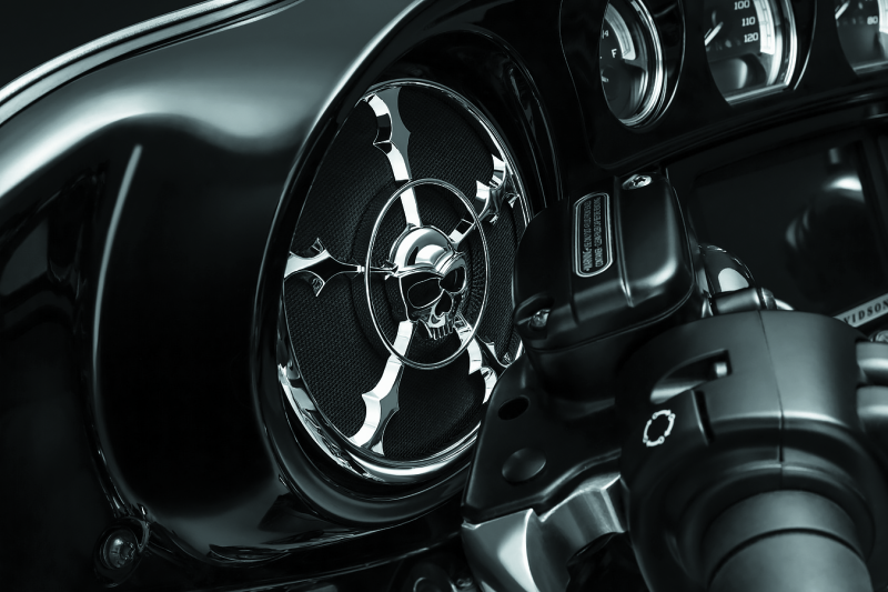 Kuryakyn Zombie speaker grill in chrome finish for 14-up Harley Davidson Touring models, featuring a zombie skull design.