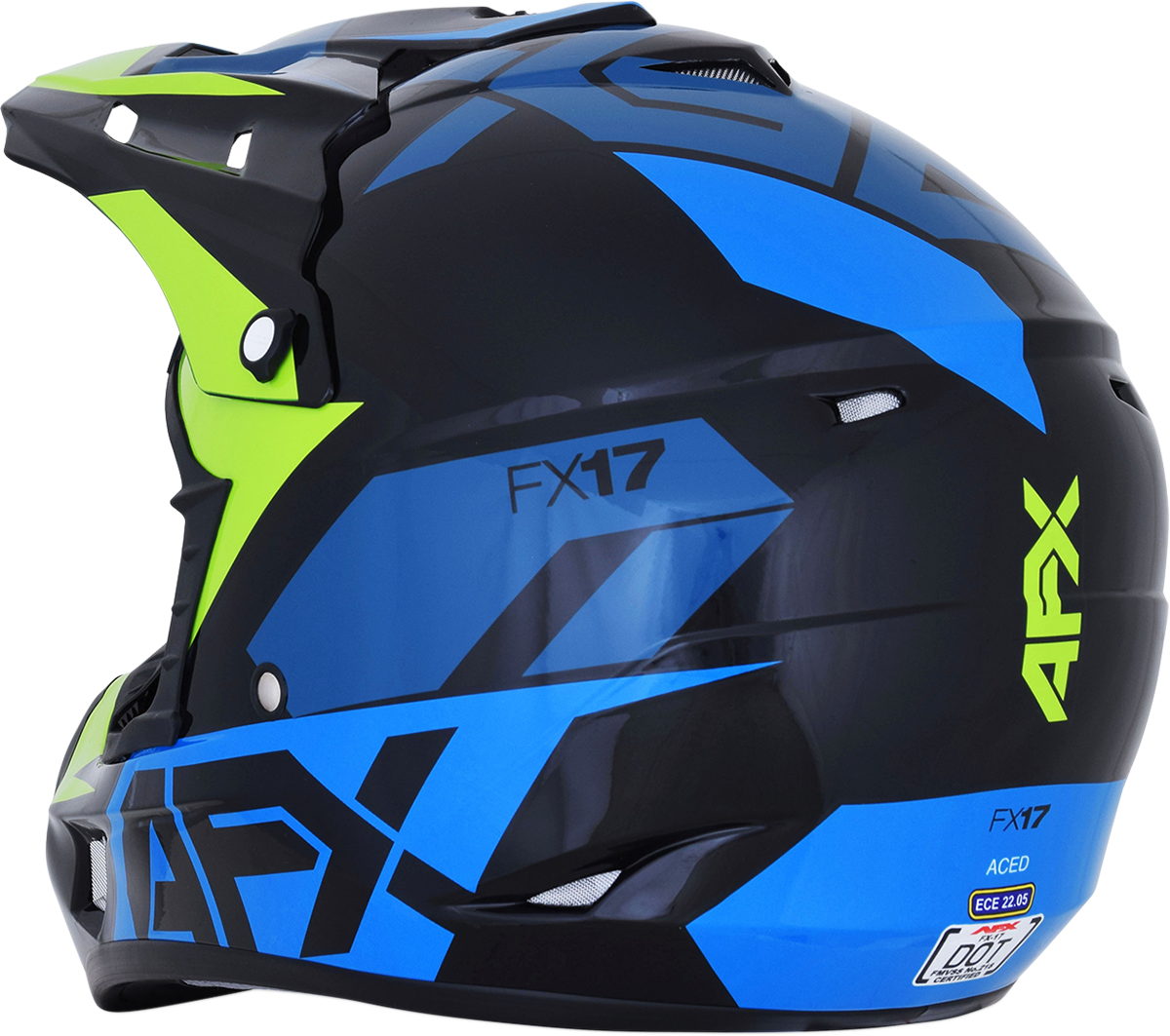 Blue and lime AFX FX-17 helmet in large size, featuring aerodynamic design and ventilation openings, by Bill's Exhausts.