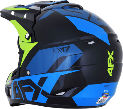 Bill's Exhausts AFX FX-17 helmet in blue and lime, 2XL size, featuring a sleek motorcycle helmet design with ventilation details.