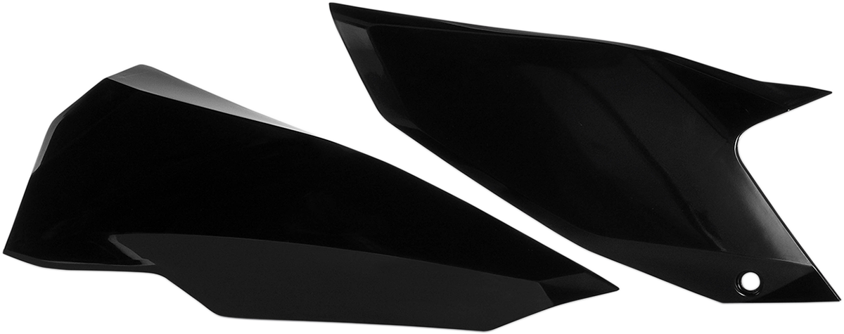 Black Acerbis side panels for motorcycle body, shown on a bike, with textured surface and mounting points visible.