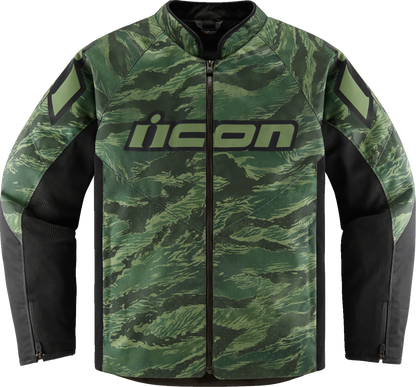 ICON Hooligan CE Tiger's Blood Green Jacket in XL, featuring bold tiger print details and protective motorcycle jacket design.