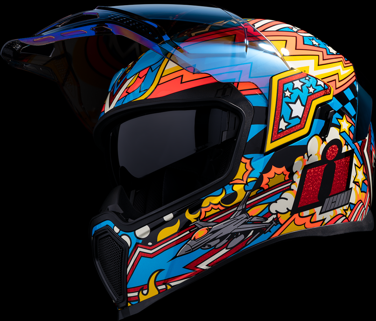 Blue ICON Airflite™ Flyboy helmet in small size, featuring aerodynamic design and bold graphics, ideal for motorcycle riding.