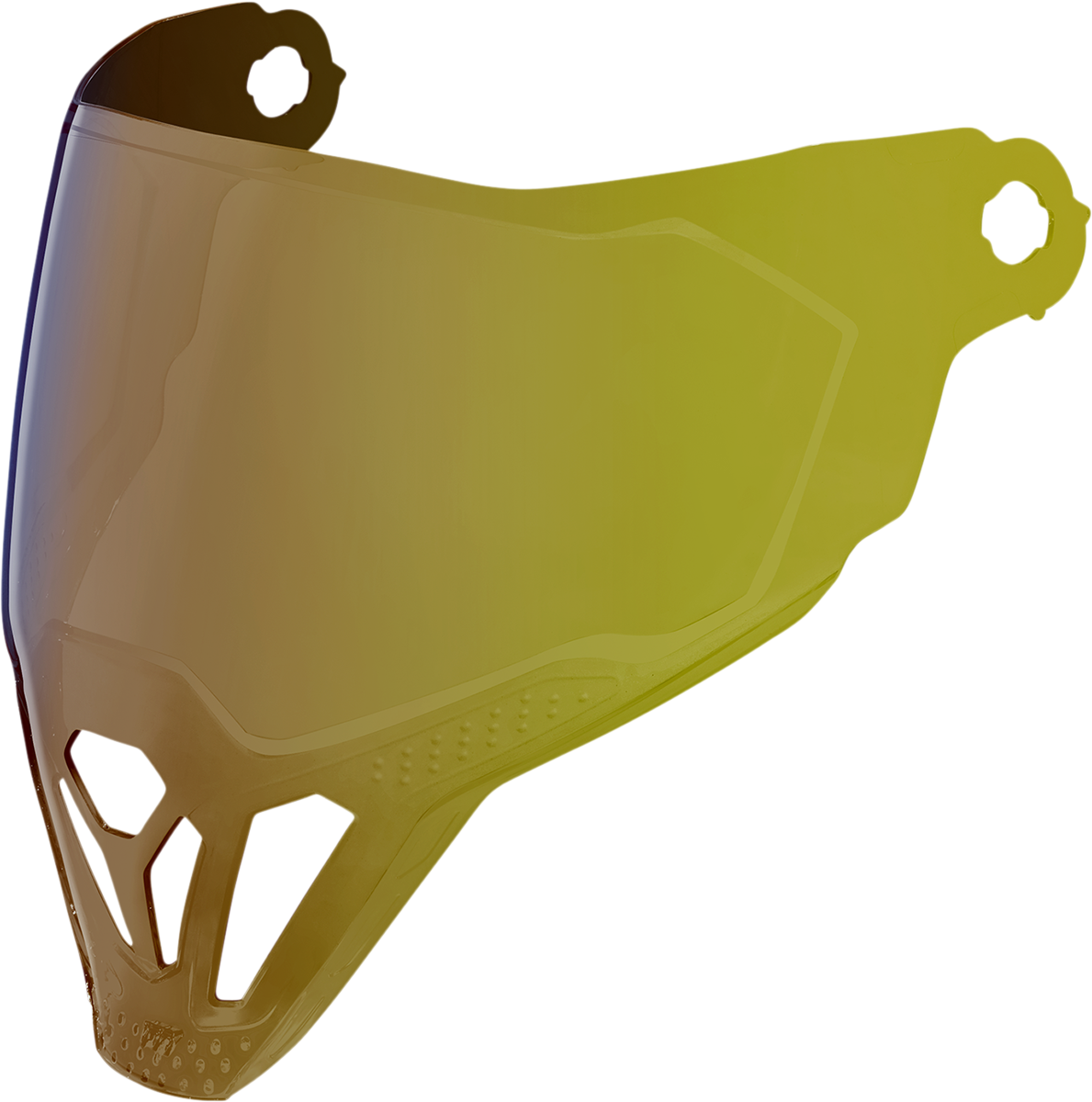 Close-up of the ICON Airflite™ ForceShield™ RST Gold helmet part with detailed gold finish and branding, designed for motorcycle helmets.