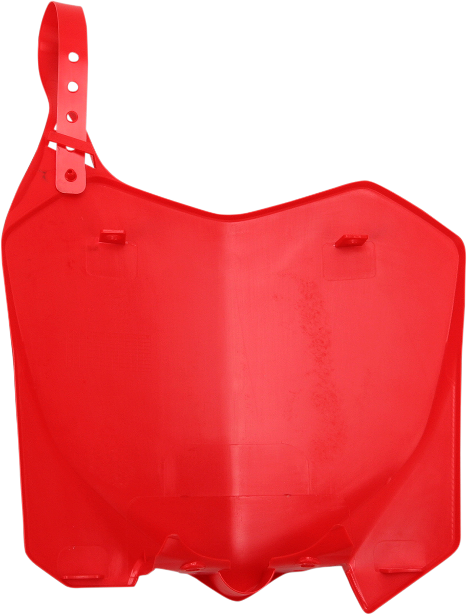 Acerbis front number plate for 2000 CR motorcycle in red, mounted on a bike, showcasing the durable body design.