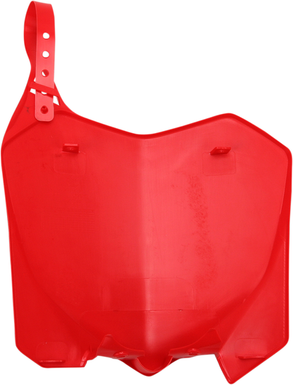 Acerbis front number plate for 2000 CR motorcycle in red, mounted on a bike, showcasing the durable body design.