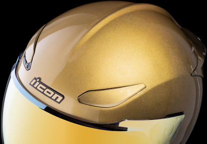 ICON Domain Cornelius helmet in gold, small size, featuring sleek helmet design with detailed graphics and ventilation.