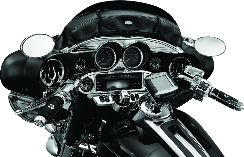 Chrome Kuryakyn Stereo Accent for 1996-2013 Harley-Davidson FL Touring models, featuring sleek design and easy installation.