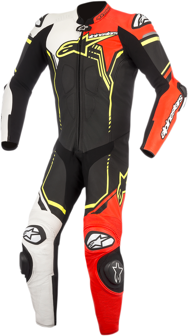 Alpinestars GP Plus v2 1-piece leather motorcycle suit in black, white, red, and yellow fluorescent, size EU 54.