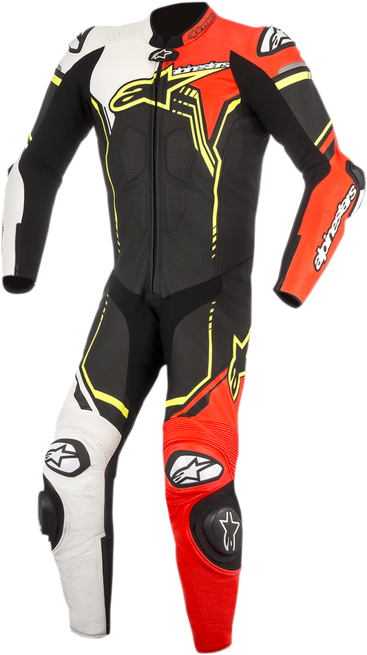 Alpinestars GP Plus v2 1-piece leather motorcycle suit in black, white, red, and yellow fluorescent, size EU 54.