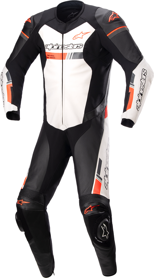 Alpinestars GP Force Chaser 1-piece leather motorcycle suit in black, white, and red with protective armor details.