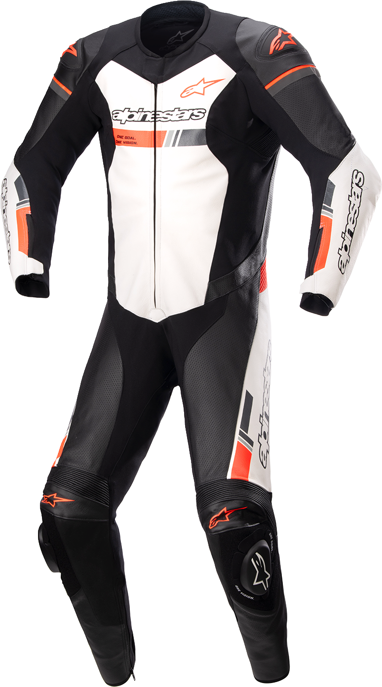 Alpinestars GP Force Chaser 1-piece leather suit in black, white, and red, displayed on a mannequin with racing details.