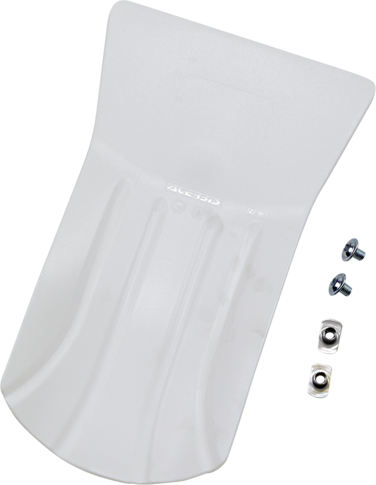 White ACERBIS skid plate for bikes, universal body protector with mounting hardware, designed for off-road motorcycle protection.