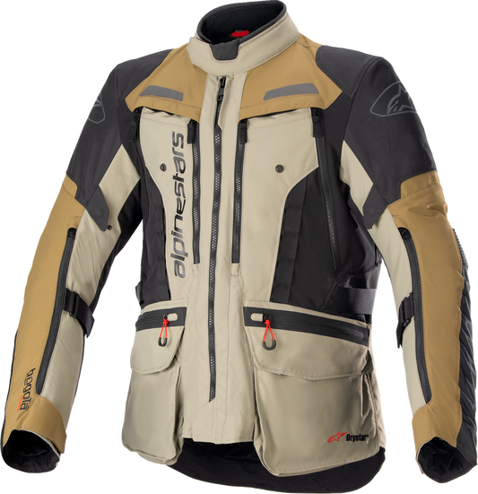 Alpinestars Bogota Pro Drystar jacket in large, black and grey motorcycle jacket with protective armor and waterproof fabric.