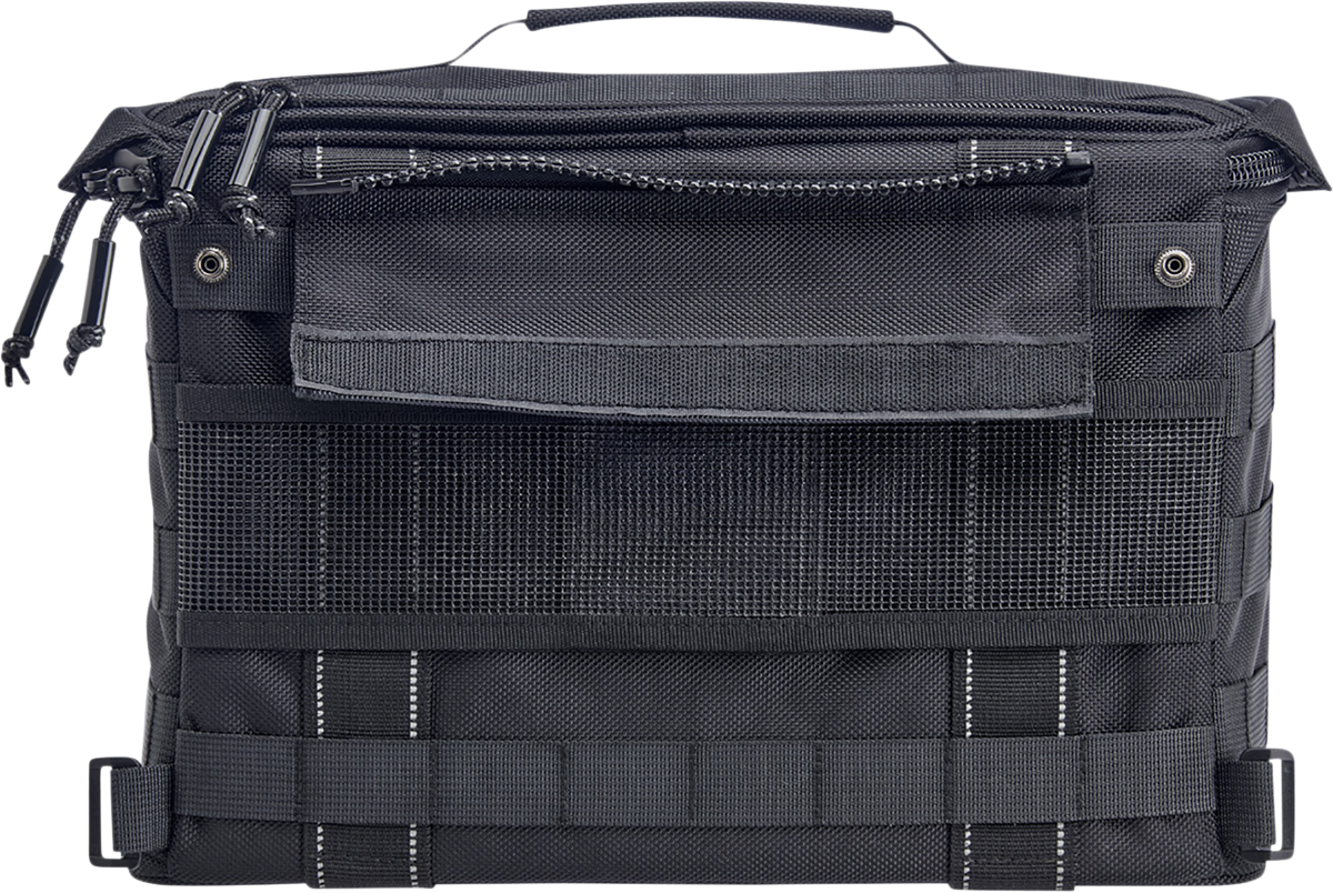 Black BILT WELL EXFIL-18 Saddlebags bag mounted on motorcycle with metal buckles and stitching details