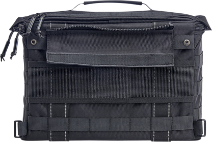 Black BILT WELL EXFIL-18 Saddlebags bag mounted on motorcycle with metal buckles and stitching details