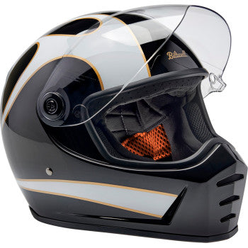 BILTWELL Lane Splitter helmet in gloss black with white flame design, XS size, motorcycle helmet with aerodynamic style.