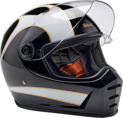 Bill's Exhausts BILTWELL Lane Splitter helmet in gloss black with white flames, small size, motorcycle helmet design.