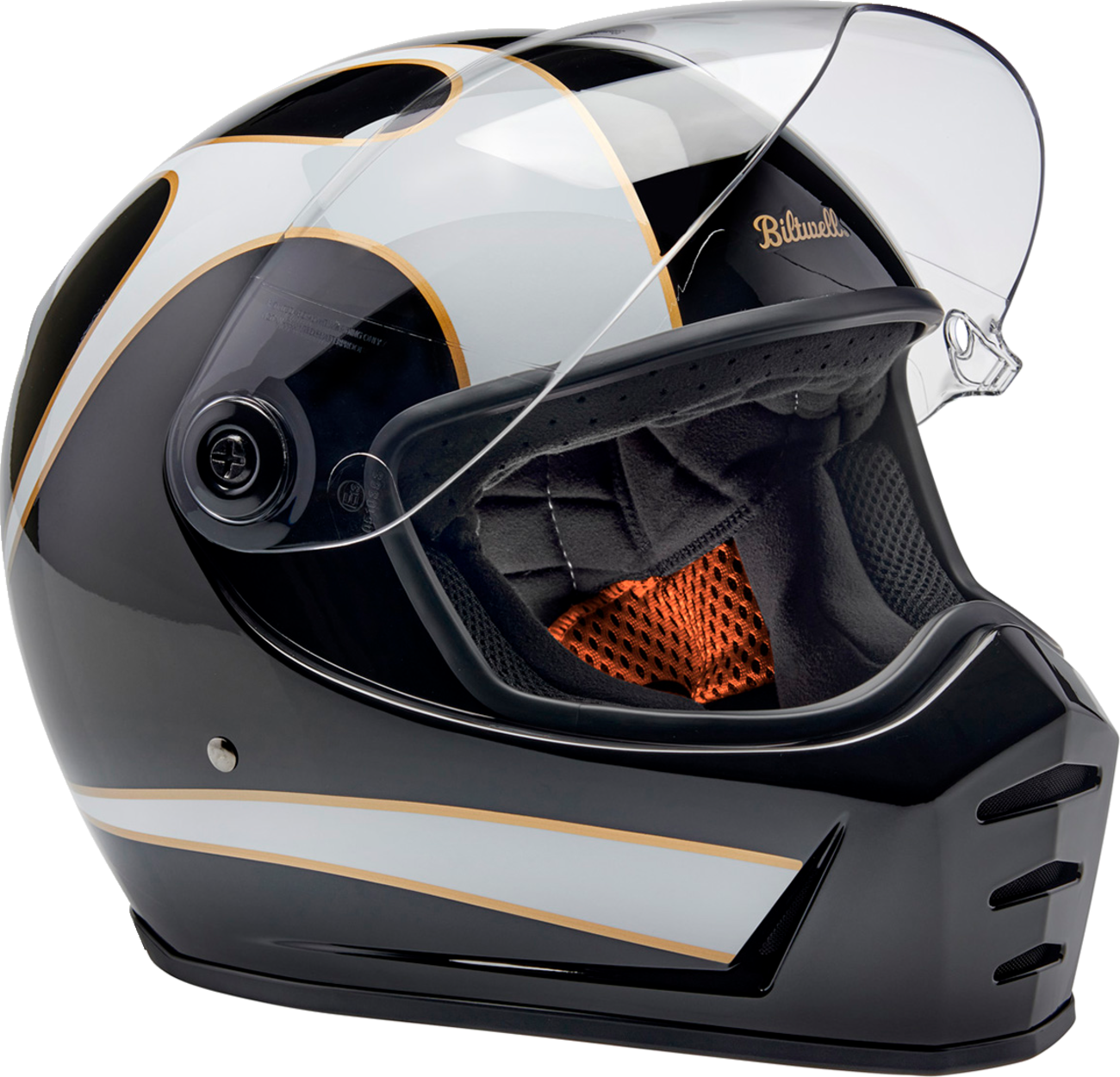 Bill's Exhausts BILTWELL Lane Splitter helmet in gloss black with white flames, 2XL motorcycle helmet with detailed flame design.