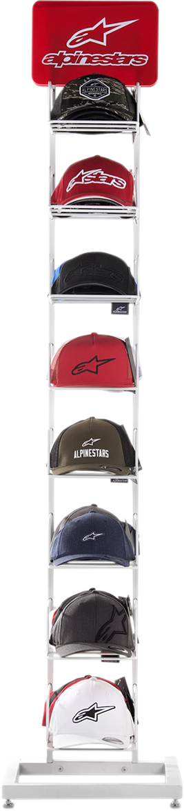 Alpinestars hat display featuring multiple stylish hats with the Alpinestars logo, showcasing hat variety and branding.