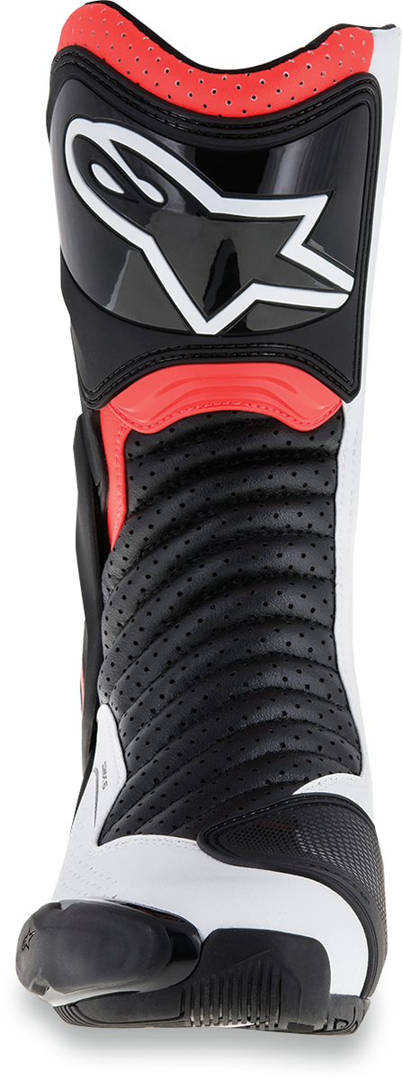 Alpinestars SMX-6 v2 vented motorcycle boots in black, white, and red fluorescent, US 11.5 / EU 46, with protective design.