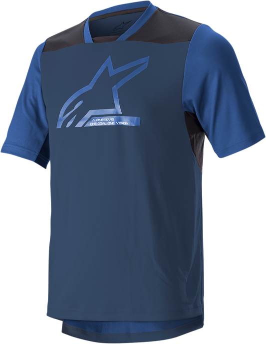 Alpinestars Drop 6.0 V2 short-sleeve motorcycle jersey in midnight blue and black, large size, with breathable fabric and logo details.