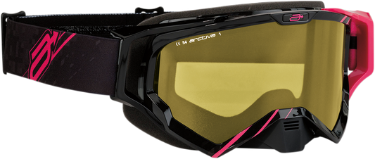 Bill's Exhausts ARCTIVA Vibe snow goggles in black and pink with tinted lenses, designed for winter sports and snowboarding.