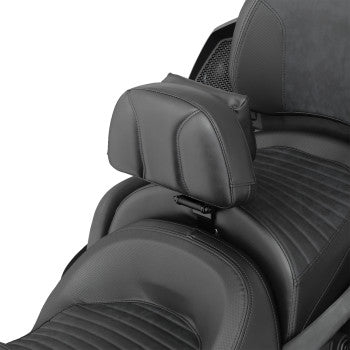 Black SHOW CHROME Grande Backrest for Can-Am F3 2015-2022, featuring a sturdy design and padded support for comfort and style.