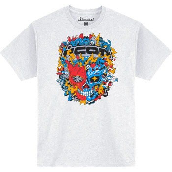 White ICON ReDoodle™ T-Shirt by Bill's Exhausts, medium size, with colorful graphic design on the front.