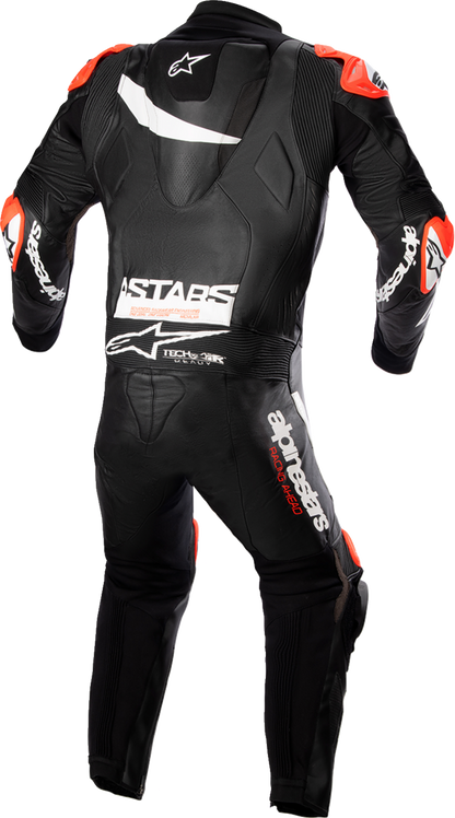 Alpinestars GP Plus v4 black and white leather motorcycle suit, US 44 / EU 54, with detailed stitching and armor panels.