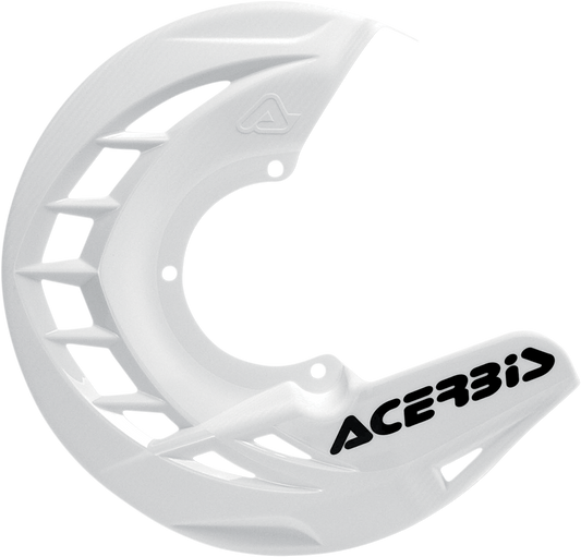 Acerbis X-Brake disc cover in white, designed for motorcycle brake protection, shown on a bike body with visible mounting details.