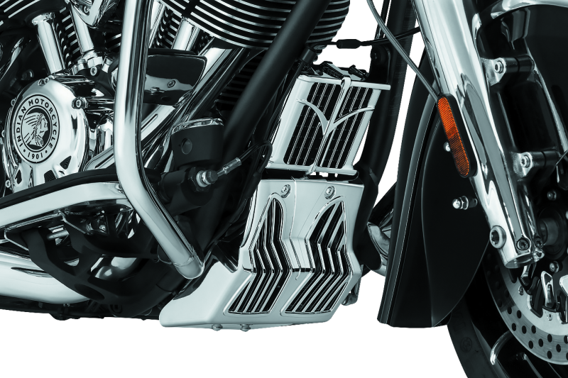 Kuryakyn Chrome Chin Fairing for Indian Motorcycles, part #5664, with sleek chrome finish and detailed design.