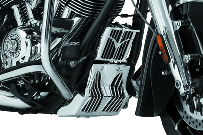 Kuryakyn Chrome Chin Fairing for Indian Motorcycles, part #5664, with sleek chrome finish and detailed design.
