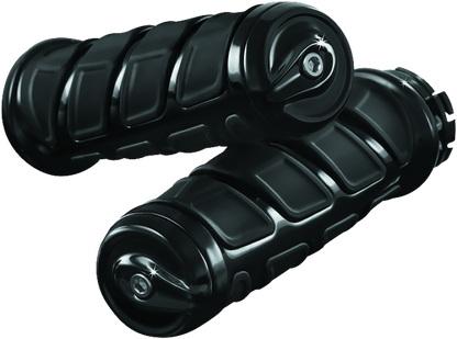 Kuryakyn Kinetic motorcycle grips in glossy black for Indian Motorcycle, featuring ergonomic design and textured surface.