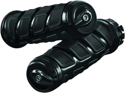Kuryakyn Kinetic motorcycle grips in glossy black for Indian Motorcycle, featuring ergonomic design and textured surface.