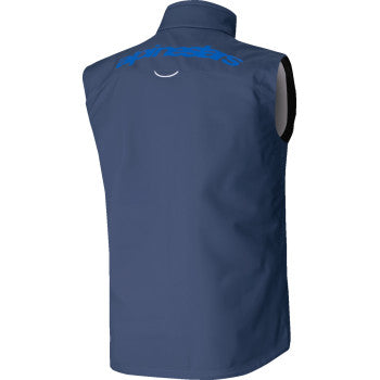Alpinestars Techstar navy softshell vest in 2XL with front zipper and logo, displayed on a hanger.