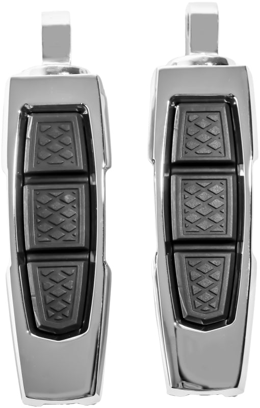 Chrome Kuryakyn Enygma motorcycle foot pegs with adapters, designed for custom motorcycle upgrades.