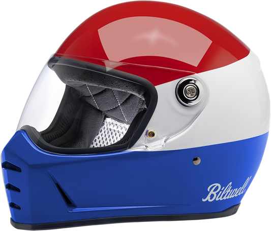 BILTWELL Lane Splitter helmet in gloss podium red, white, and blue, XS size, with aerodynamic design and adjustable strap.