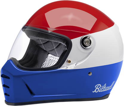 BILTWELL Lane Splitter helmet in gloss Podium Red, white, and blue, large size, with aerodynamic design and secure strap