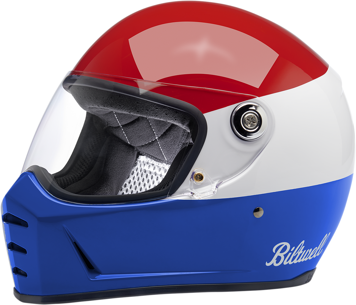 BILTWELL Lane Splitter helmet in Gloss Podium Red, White, and Blue with XL size, featuring aerodynamic design and matte finish.