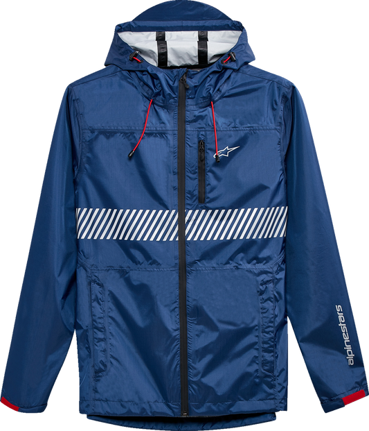 Alpinestars Fusion Rain Jacket in navy, XL size, showing front view with waterproof fabric and adjustable hood.