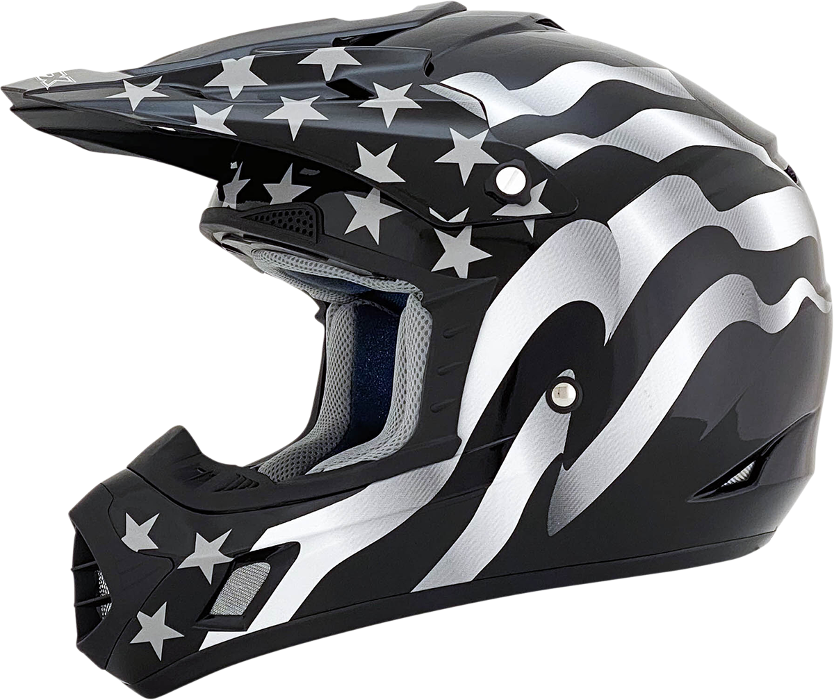 Bill's Exhausts AFX FX-17 helmet in stealth design with flag pattern, XL size, featuring a sleek motorcycle helmet style.