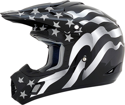 Bill's Exhausts AFX FX-17 helmet in stealth design with flag pattern, XL size, featuring a sleek motorcycle helmet style.