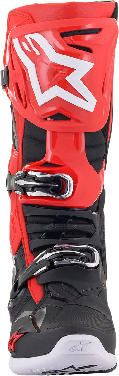 Alpinestars Tech 10 motorcycle riding boots in black and red with US size 13, featuring protective design and sturdy construction.
