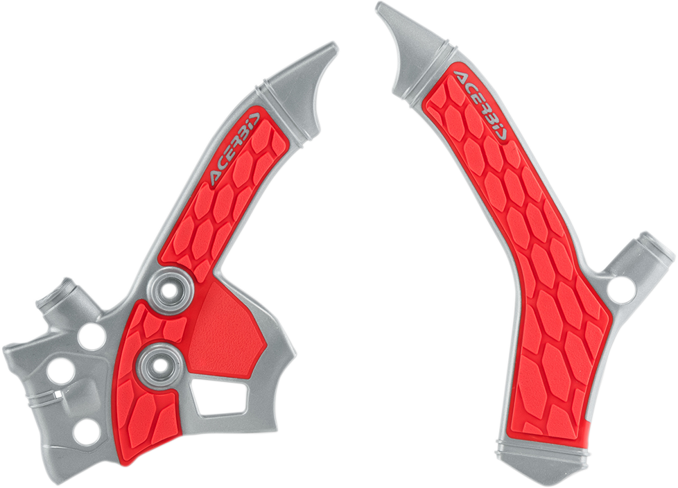 A pair of silver and red Acerbis X-Grip motorcycle frame guards mounted on a bike, providing protection and style.